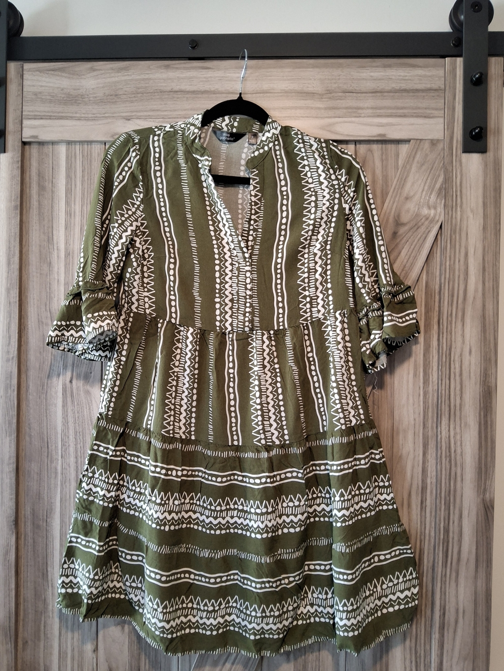 Mlle Gabrielle Olive & White Printed Tiered Mini Dress